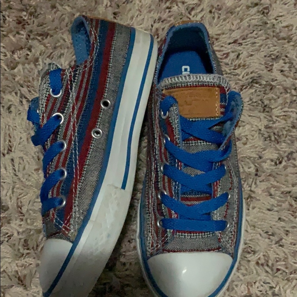 Chuck Taylor’s, red, blue and gray